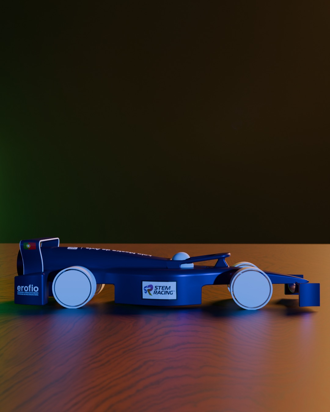 Render do carro Laika Racing com iluminação vermelha e azul